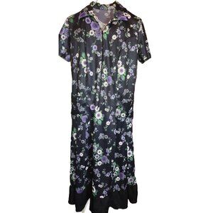 Vtg 50s/60s Black Purple Green Floral Zip Robe Dress Housecoat Pockets GUC